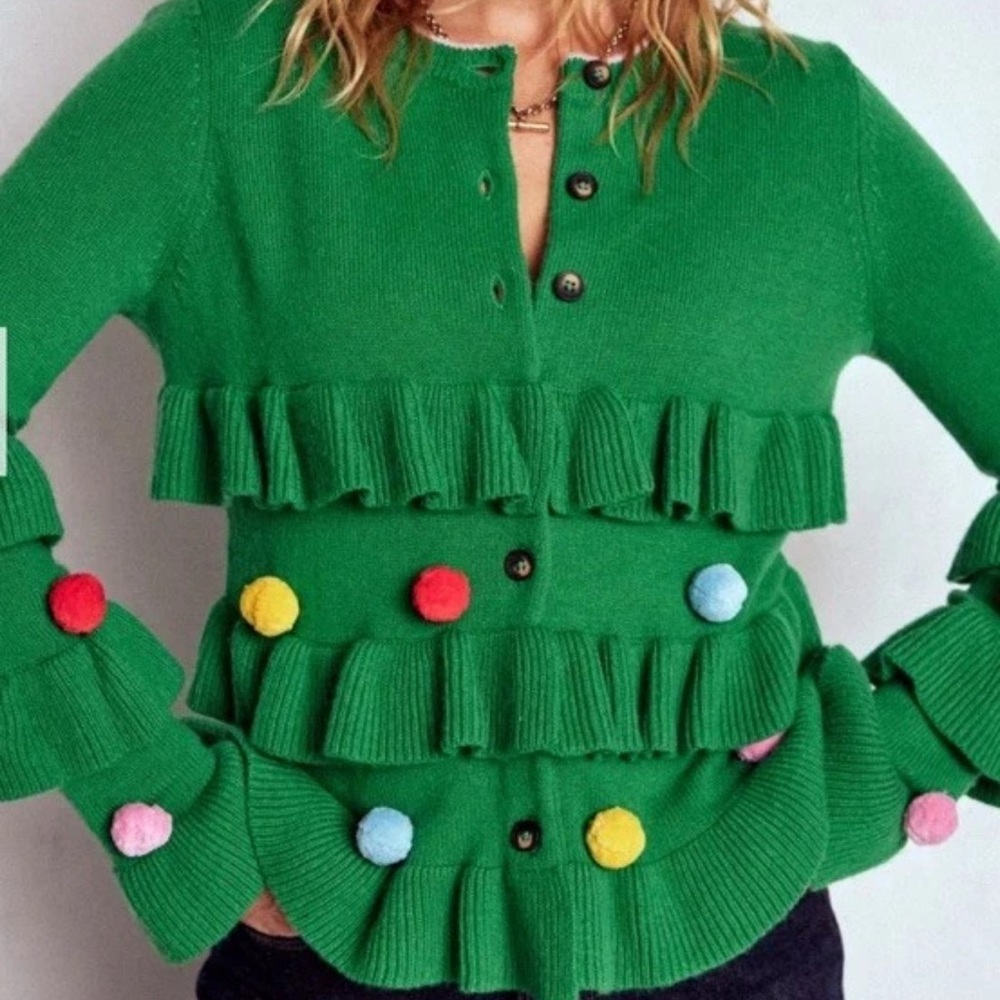 Boden Christmas Tree Cardigan Green Poms Sapling medium NWT - Picture 2 of 5